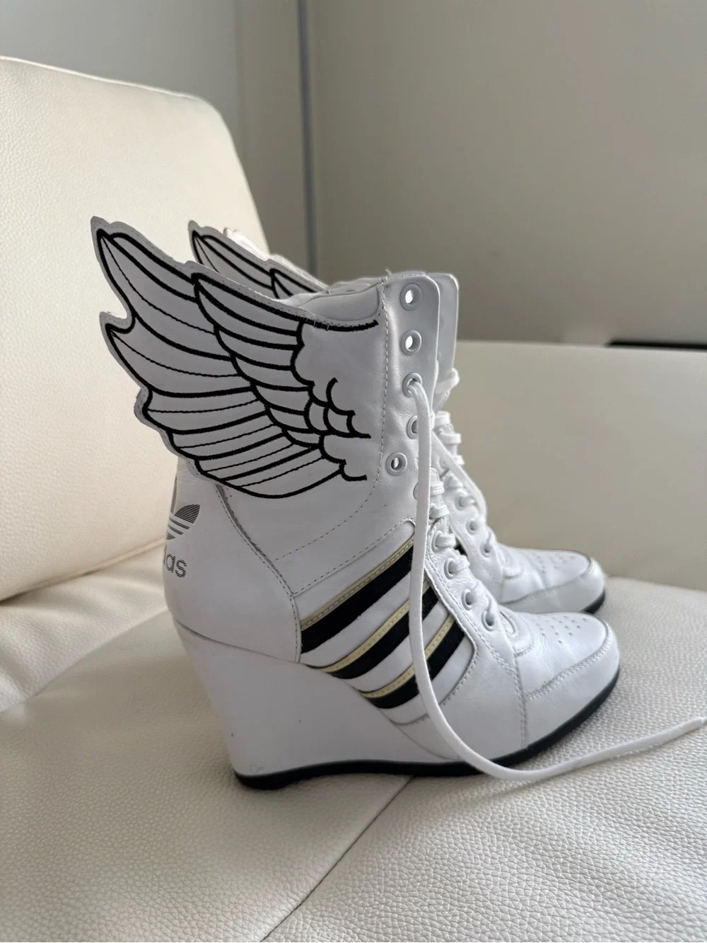 Jeremy Scott White Wedge Sneakers with Black and Gold Stripes and Wing Detail 10